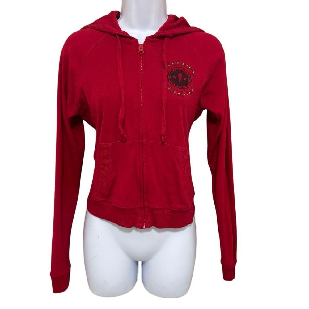 Vintage Y2K Guess Jeans Red Zip Up Hoodie Rhinestone Logo Made in Canada M